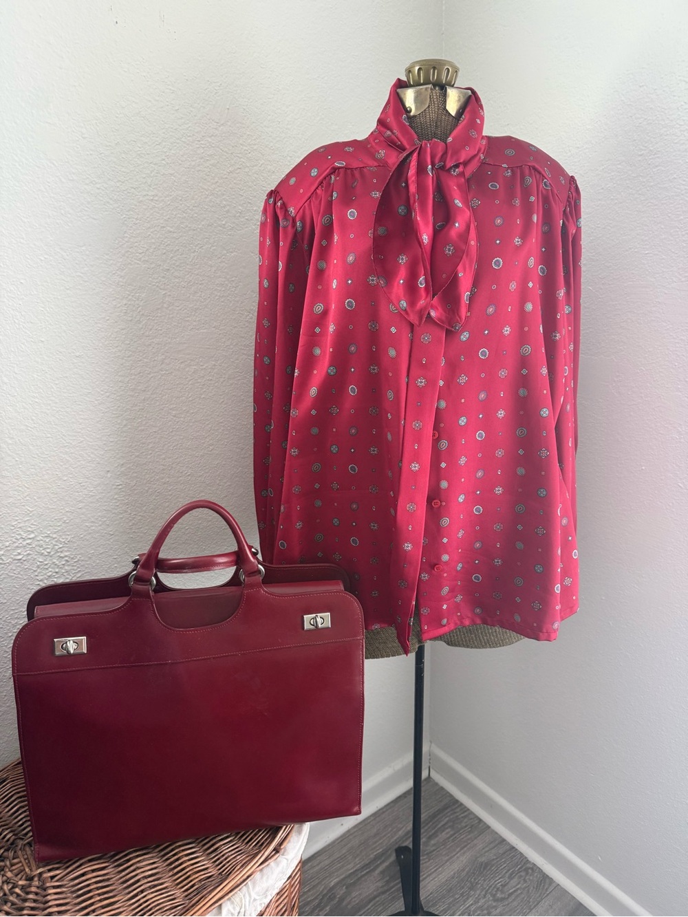 Vintage America Red Printed Tie-Neck Button Down Blouse